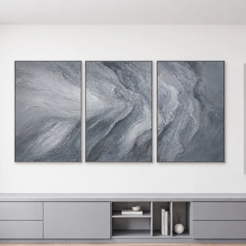 „Erinnerung der Felsen“ – graues Triptychon Abstrakt 3-teilig