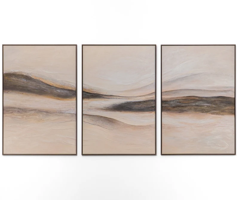 Spuren des Windes“ – abstraktes Triptychon in Beige und Grau