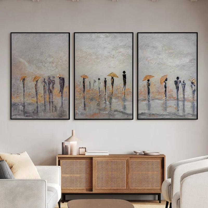 „Sommerregen“ – Handgemalte Triptychon Bilder mit elegantem schwarzem Rahmen