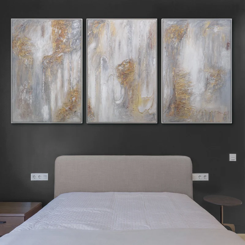 Triptychon „Philosophie" – Handgemaltes 3-teiliges Wandbild in Beige & Gold