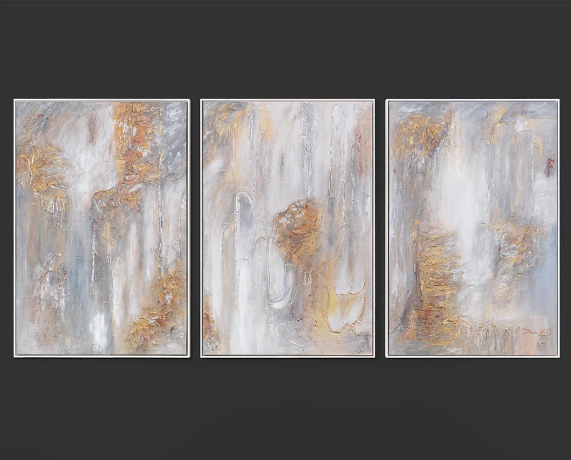 Triptychon „Philosophie" – Handgemaltes 3-teiliges Wandbild in Beige & Gold