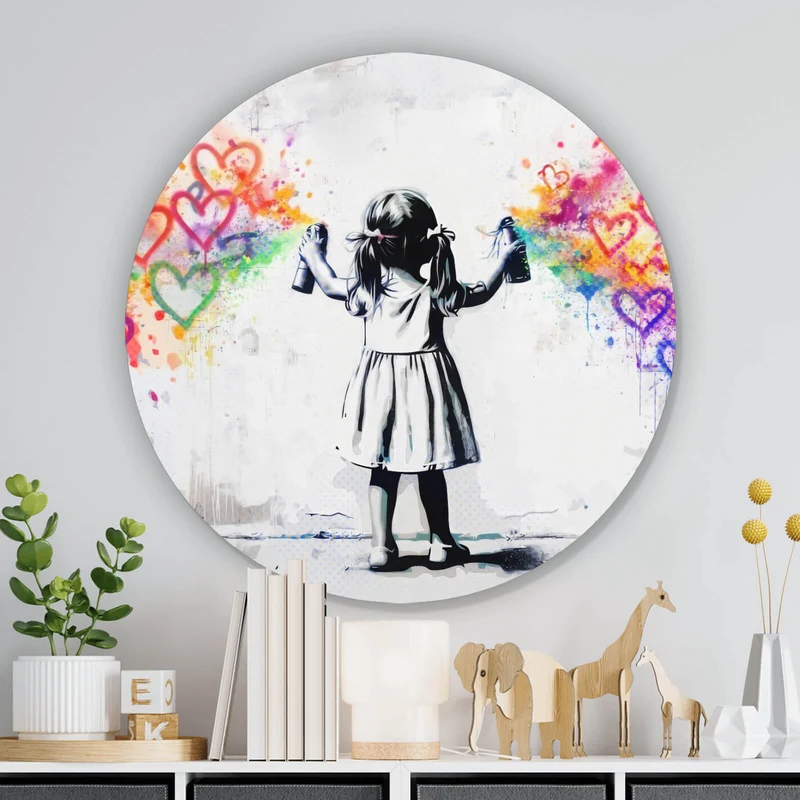 Aluminiumbild Graffiti Mädchen sprüht Herzformen an die Wand Kreis