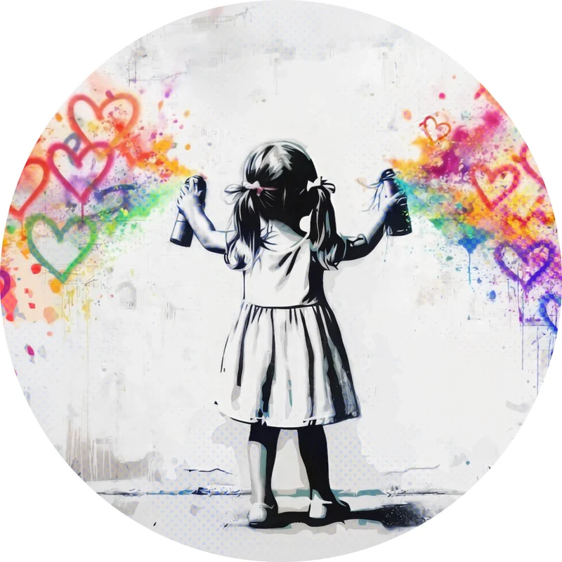 Aluminiumbild Graffiti Mädchen sprüht Herzformen an die Wand Kreis
