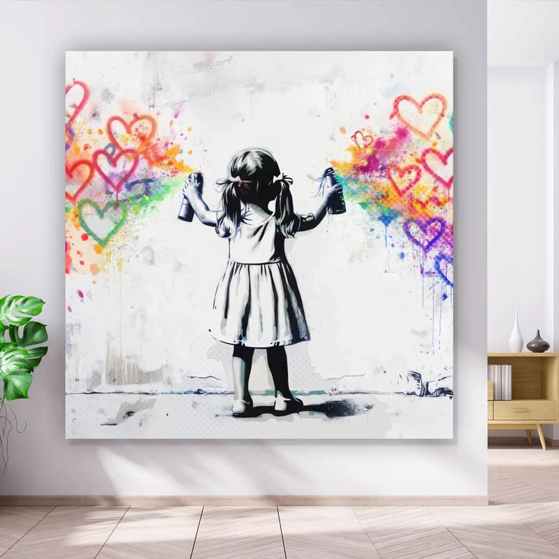 Spannrahmenbild Graffiti Mädchen sprüht Herzformen an die Wand Quadrat