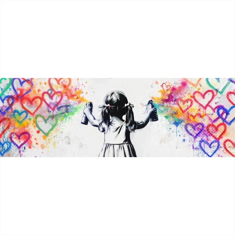 Spannrahmenbild Graffiti Mädchen sprüht Herzformen an die Wand Panorama