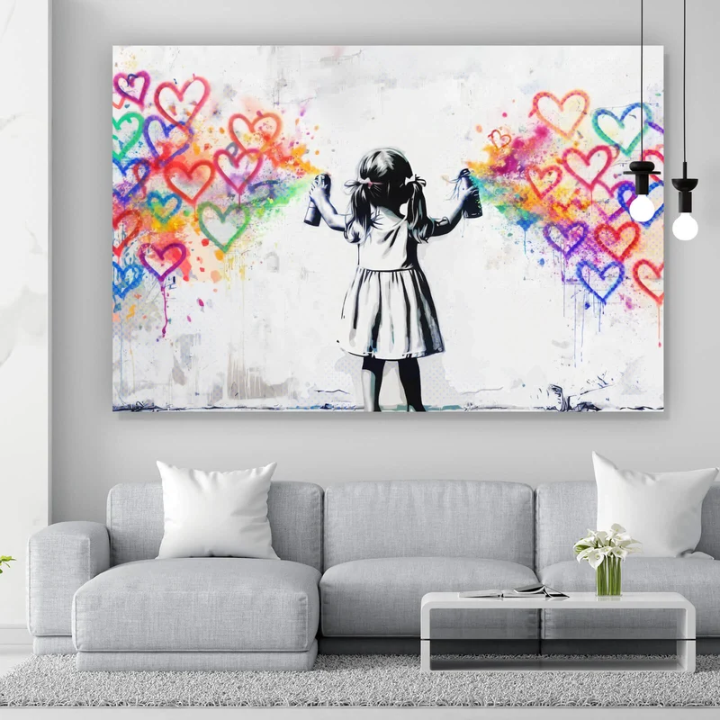 Aluminiumbild Graffiti Mädchen sprüht Herzformen an die Wand Querformat