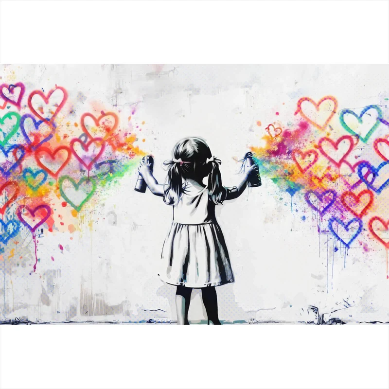 Aluminiumbild Graffiti Mädchen sprüht Herzformen an die Wand Querformat