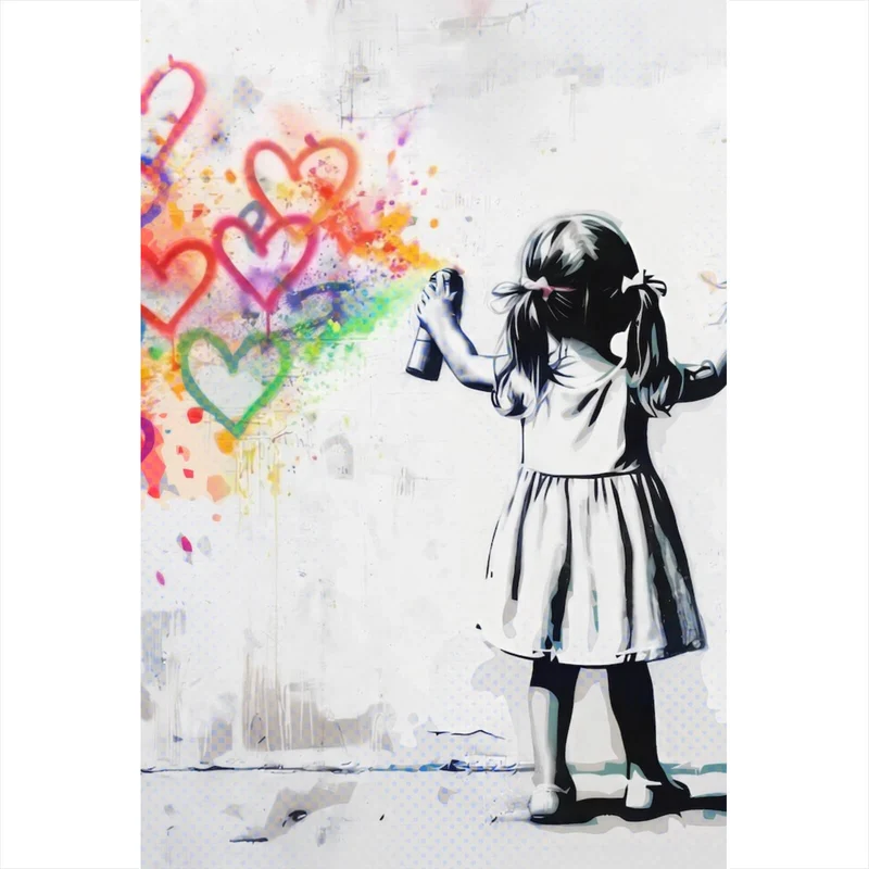 Leinwandbild Graffiti Mädchen sprüht Herzformen an die Wand Hochformat