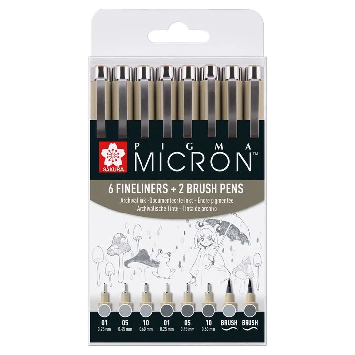 Sakura Pigma Micron Technical Pens, Gray Shades, Set of 8