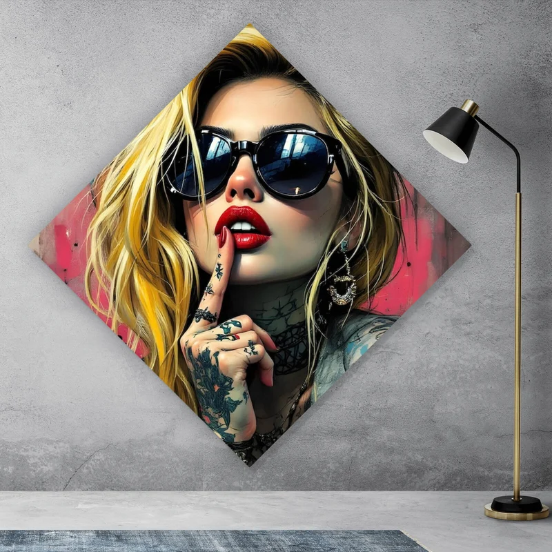 Aluminiumbild Tattoo Girl vor Graffiti Wand Raute