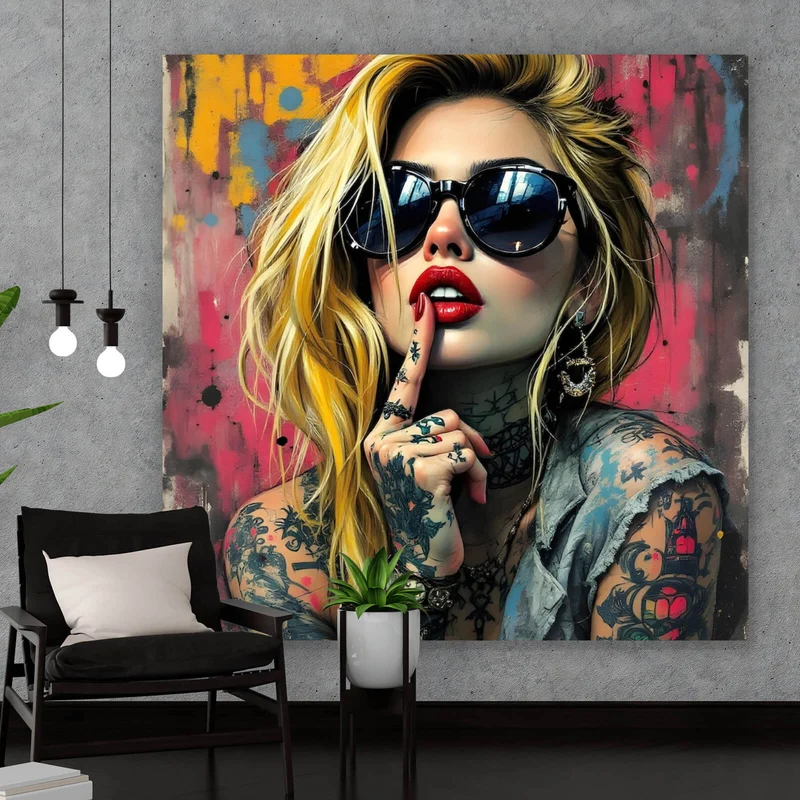 Spannrahmenbild Tattoo Girl vor Graffiti Wand Quadrat