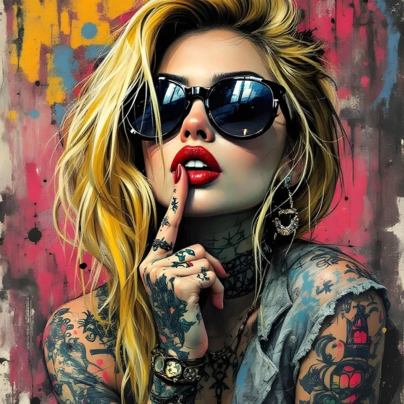 Aluminiumbild gebürstet Tattoo Girl vor Graffiti Wand Quadrat