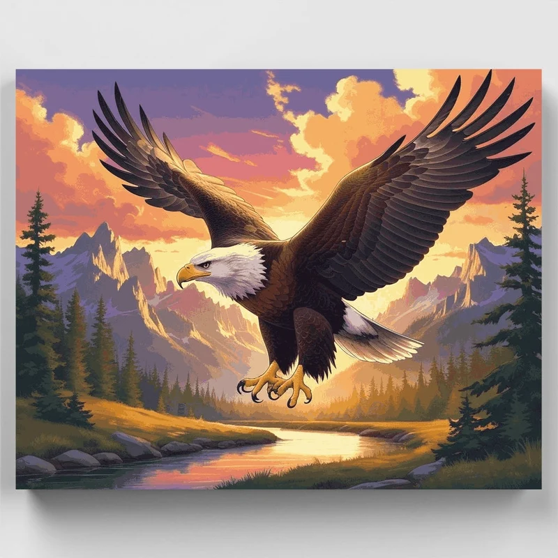 Majestic Bald Eagle Soaring Over Mountain Stream - Paint by Numbers Kit