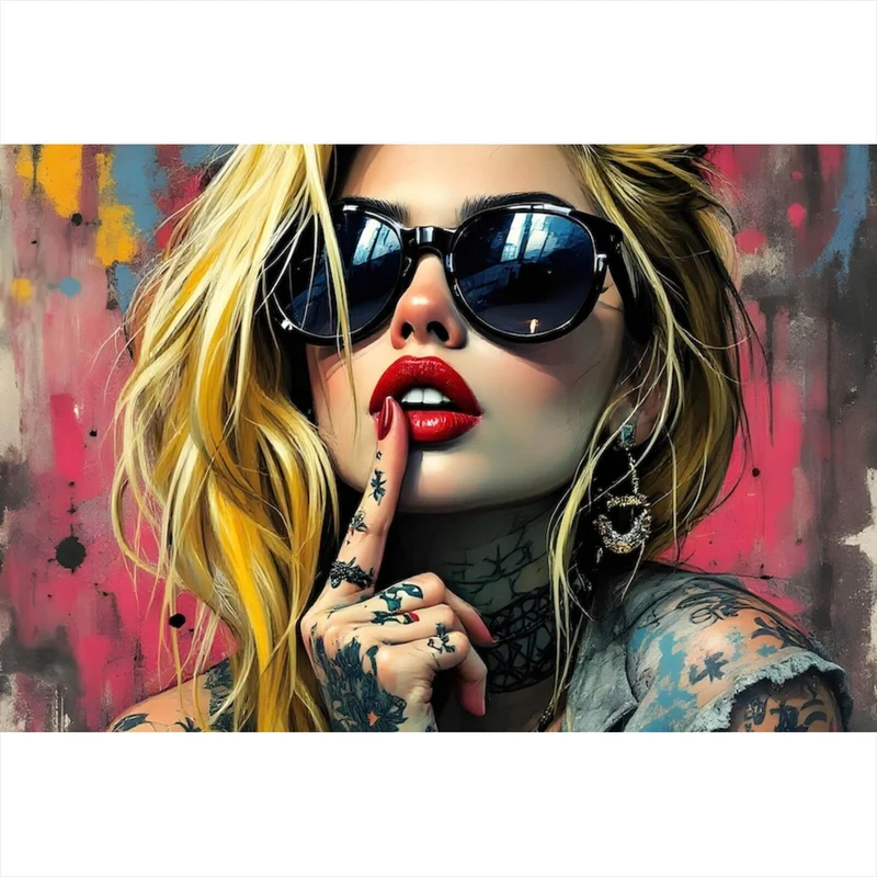 Aluminiumbild Tattoo Girl vor Graffiti Wand Querformat