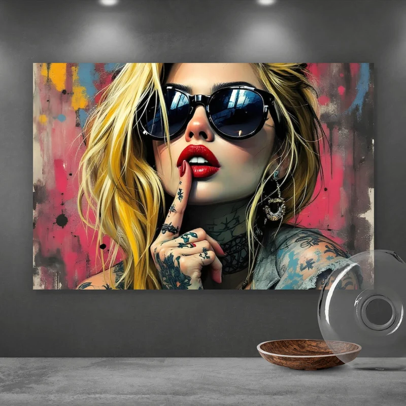 Poster Tattoo Girl vor Graffiti Wand Querformat
