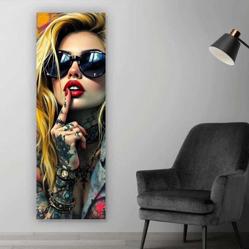 Acrylglasbild Tattoo Girl vor Graffiti Wand Panorama Hoch