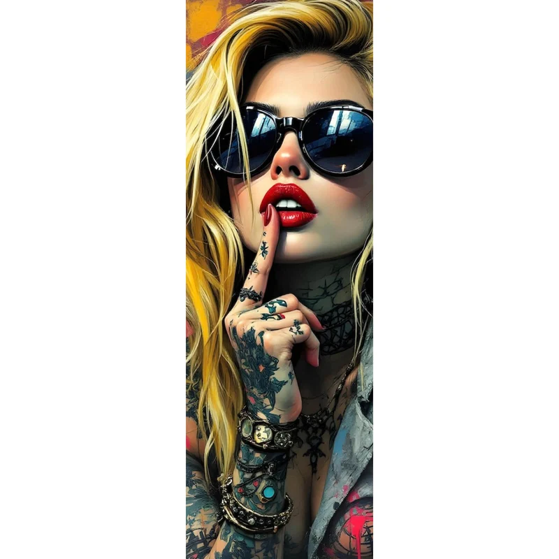 Aluminiumbild Tattoo Girl vor Graffiti Wand Panorama Hoch