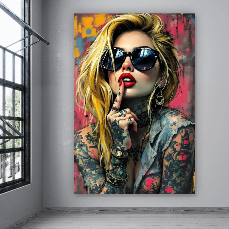Leinwandbild Tattoo Girl vor Graffiti Wand Hochformat