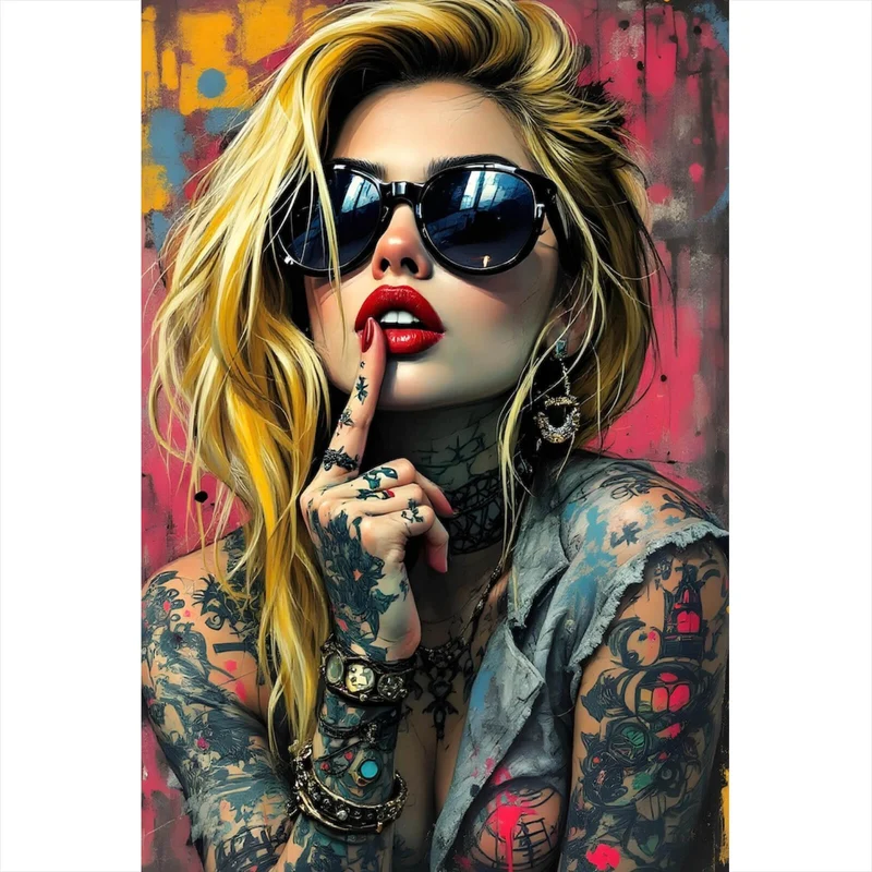 Leinwandbild Tattoo Girl vor Graffiti Wand Hochformat