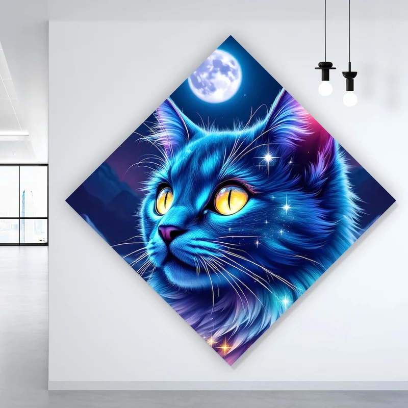 Aluminiumbild Mystische Katze unter leuchtendem Mond Raute