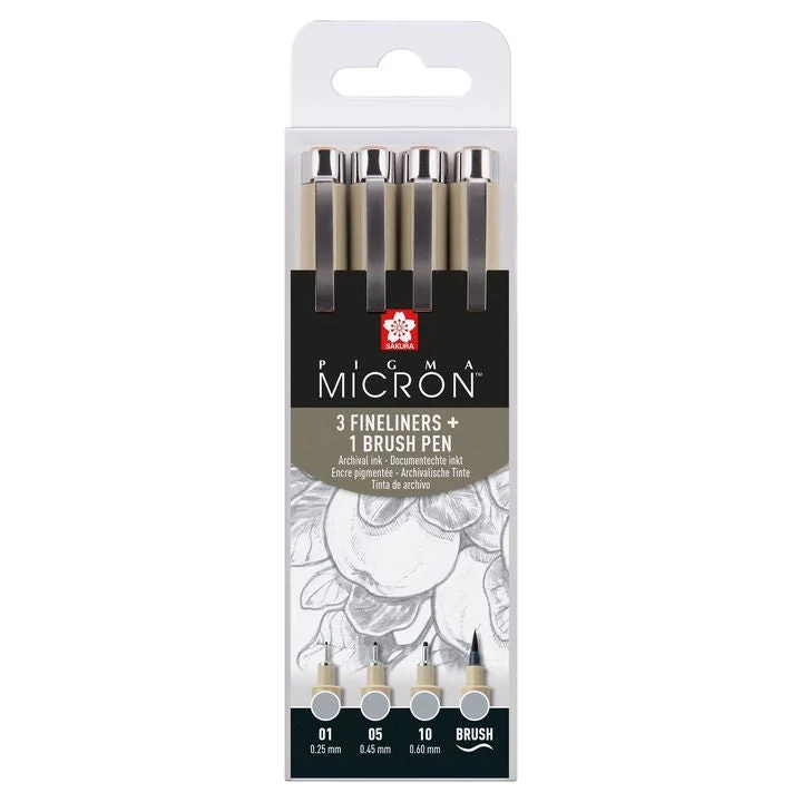 Sakura Pigma Micron Technical Pen Set, 3 Fineliners and Brush Pen