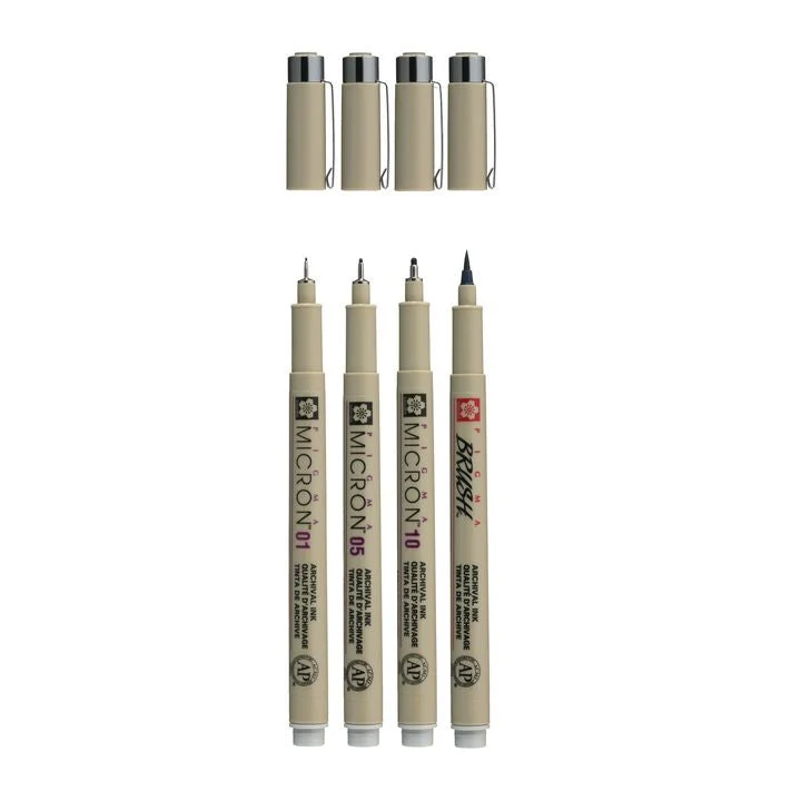 Sakura Pigma Micron Technical Pen Set, 3 Fineliners and Brush Pen