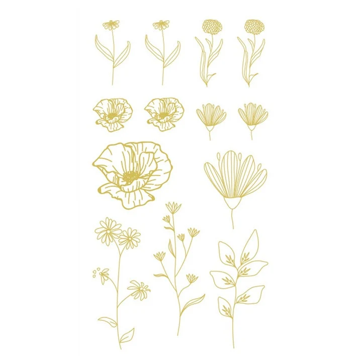 Transparent PVC Stickers, Gold Flowers, 43 pcs