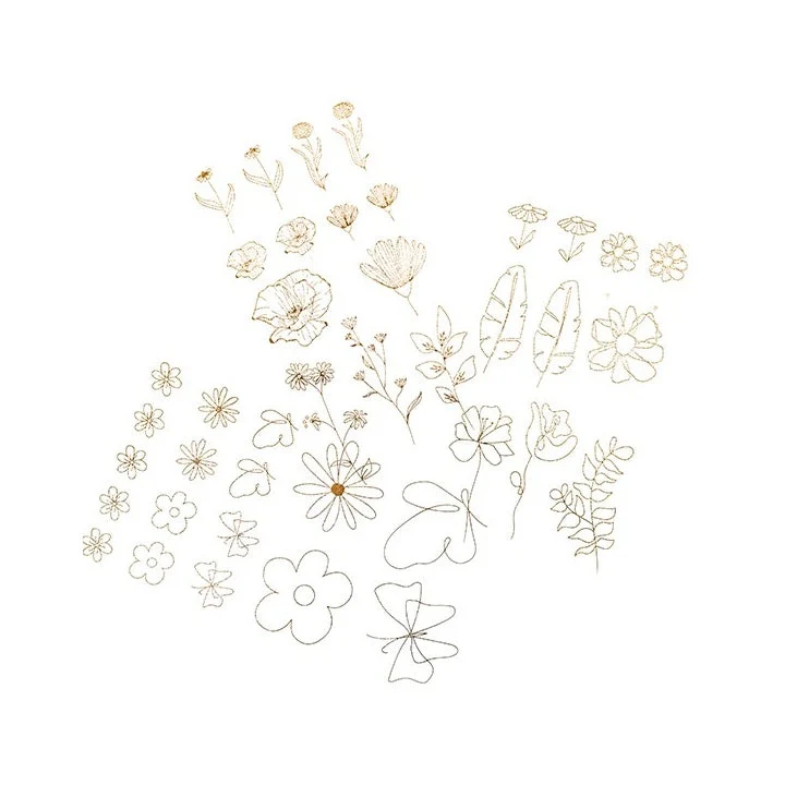 Transparent PVC Stickers, Gold Flowers, 43 pcs