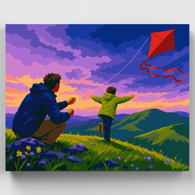 Kite Flying at Sunset with Dad - Paint by Numbers Kit