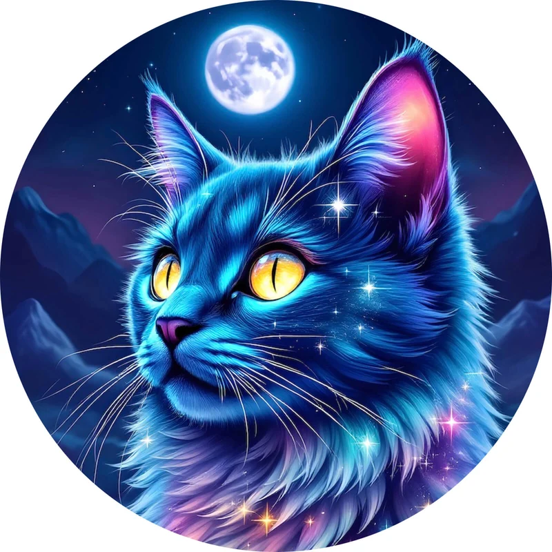 Aluminiumbild gebürstet Mystische Katze unter leuchtendem Mond Kreis