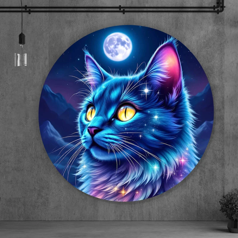 Aluminiumbild Mystische Katze unter leuchtendem Mond Kreis