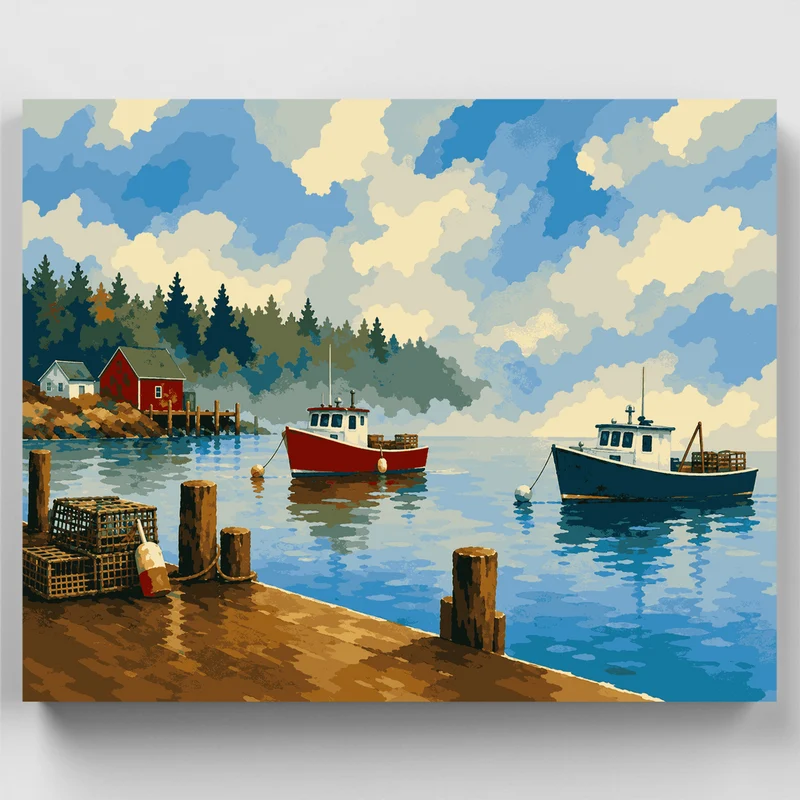 New England Lobster Boat Harbor - Paint by Numbers Kit
