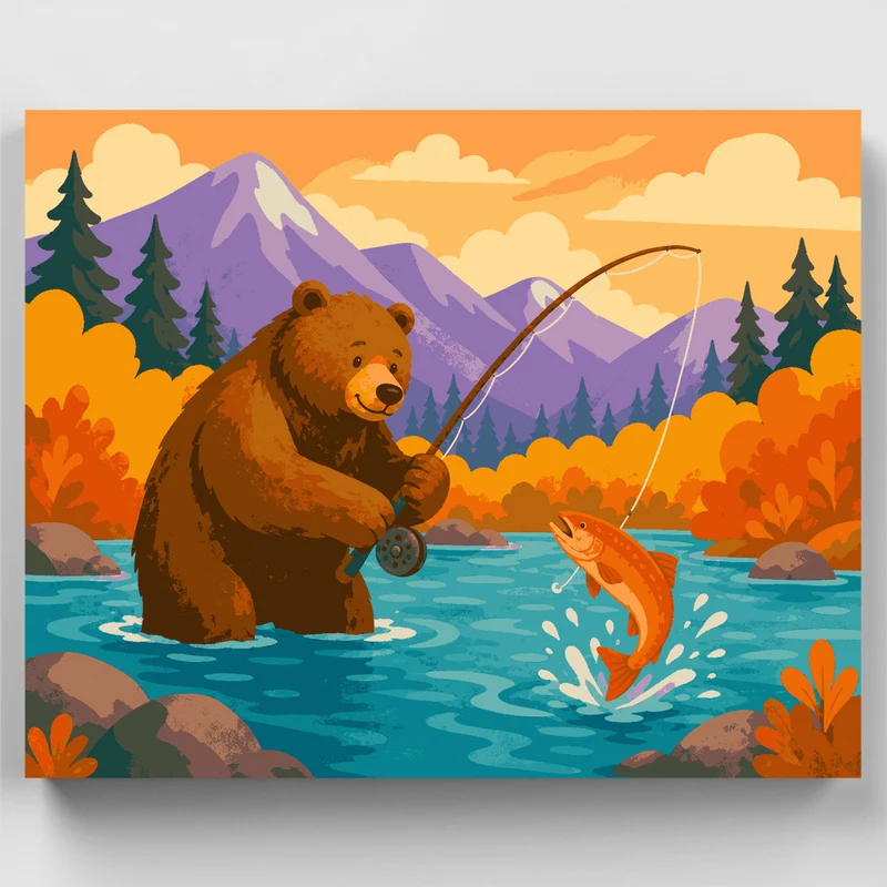 Bear Fishing in Autumn River - Paint by Numbers Kit
