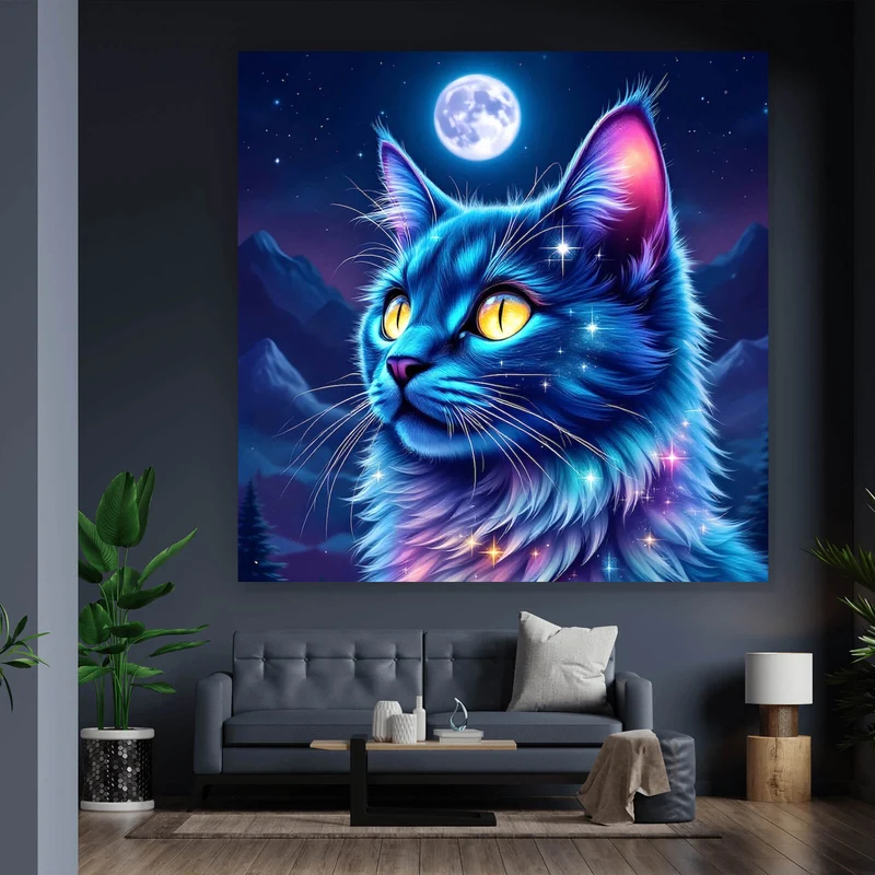 Aluminiumbild gebürstet Mystische Katze unter leuchtendem Mond Quadrat