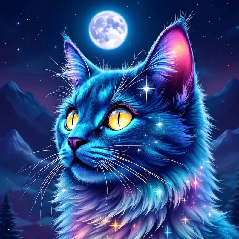 Aluminiumbild Mystische Katze unter leuchtendem Mond Quadrat