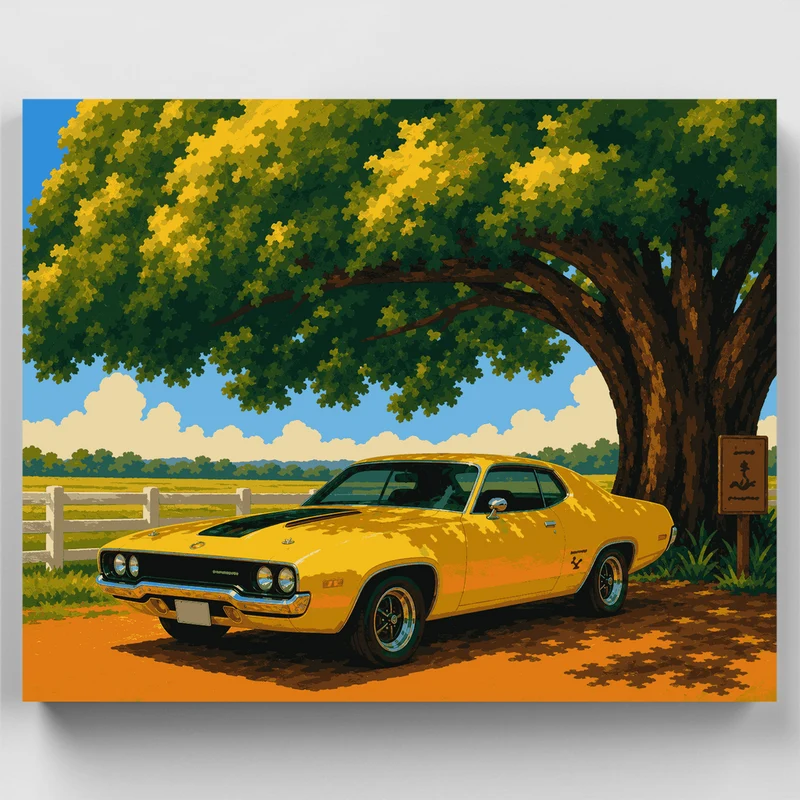 Yellow Muscle Car Under Oak Tree - Paint by Numbers Kit