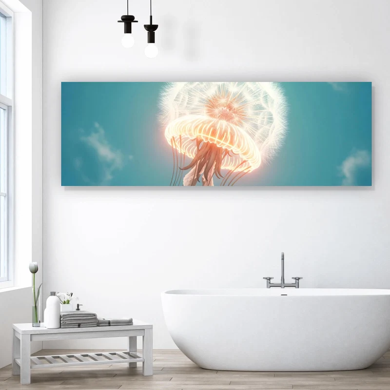 Aluminiumbild Futuristische leuchtende Qualle im Wasser Panorama
