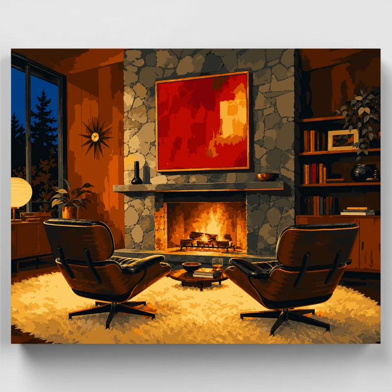 Mid-Century Modern Lounge by the Fire - Paint by Numbers Kit