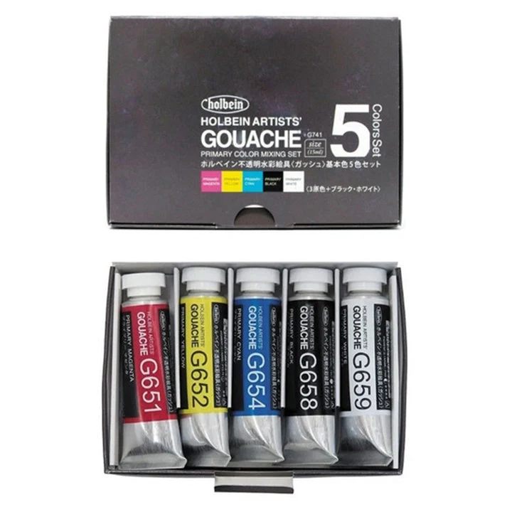 Holbein Artists Professional Gouache Paints, Basic Set of 5 x 15 ml