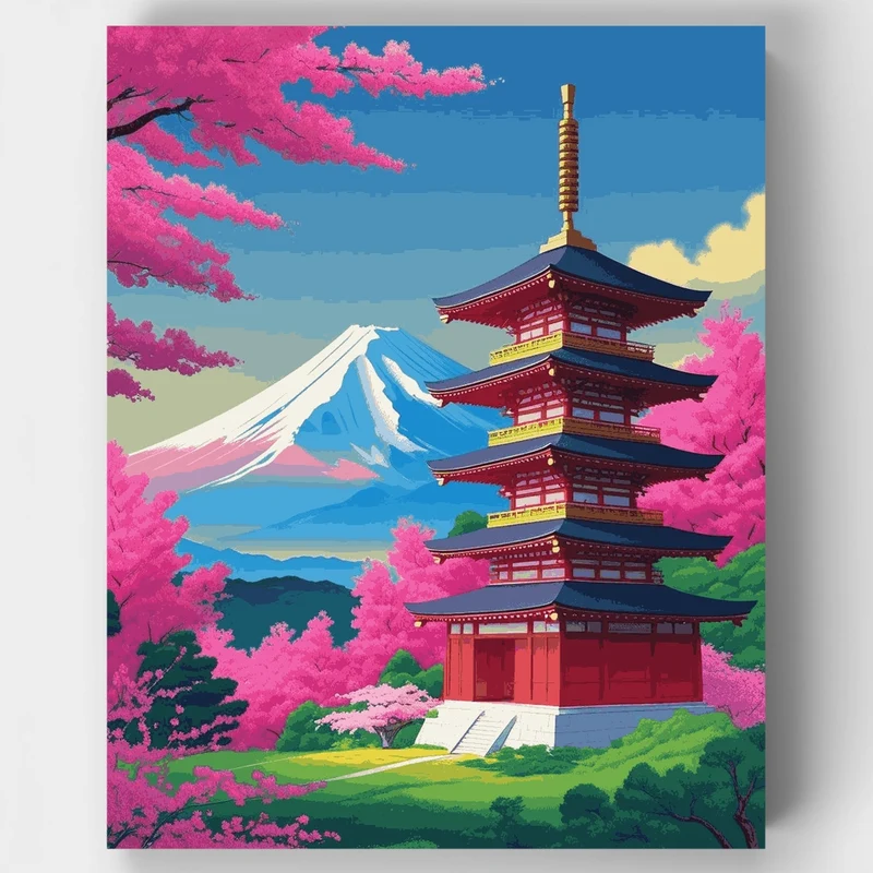 Japanese Pagoda with Mount Fuji and Cherry Blossoms - Paint by Numbers Kit