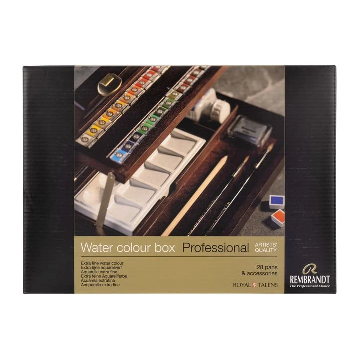 Rembrandt Professional Wooden Watercolor Paint Case, 28 Pans and Accessories