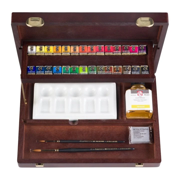 Rembrandt Professional Wooden Watercolor Paint Case, 28 Pans and Accessories
