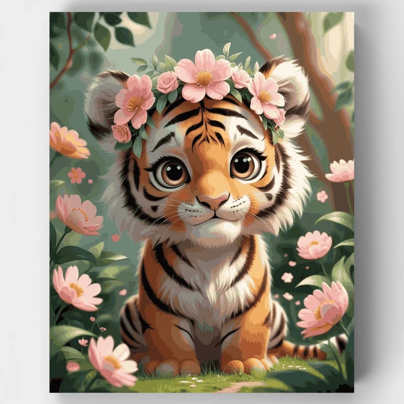 Cute Tiger Cub with Flower Crown - Paint by Numbers Kit