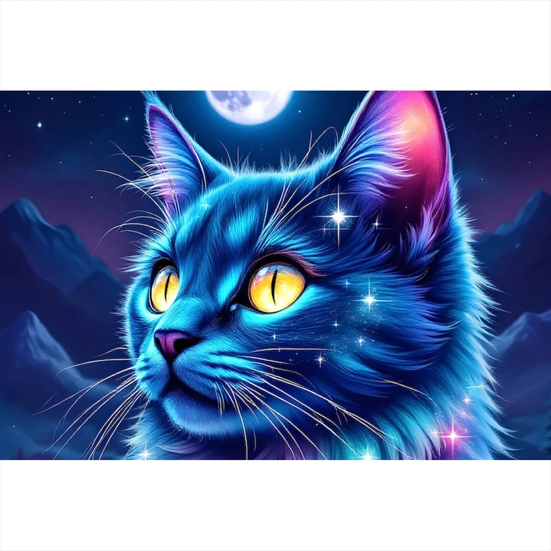 Spannrahmenbild Mystische Katze unter leuchtendem Mond Querformat