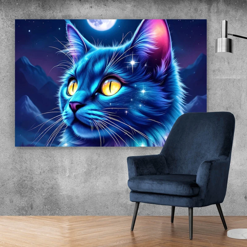 Acrylglasbild Mystische Katze unter leuchtendem Mond Querformat