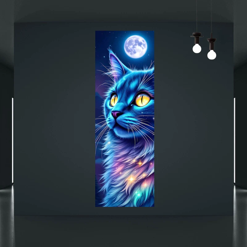 Acrylglasbild Mystische Katze unter leuchtendem Mond Panorama Hoch