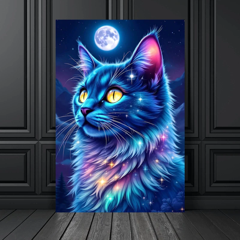 Poster Mystische Katze unter leuchtendem Mond Hochformat