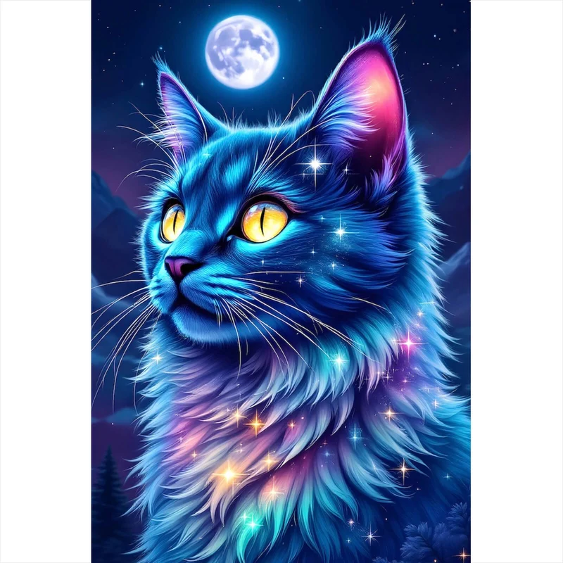 Poster Mystische Katze unter leuchtendem Mond Hochformat