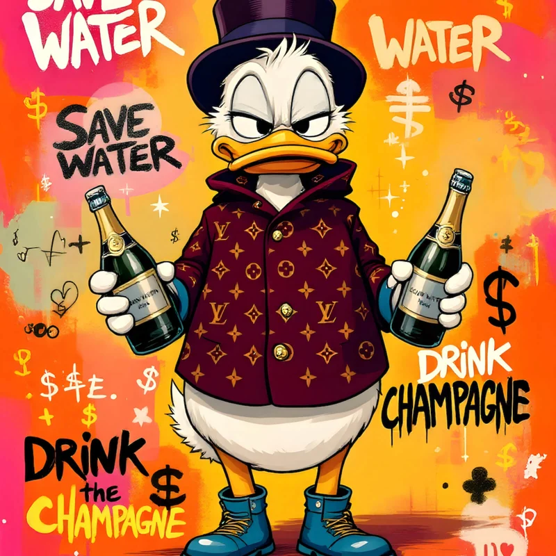 Poster Luxuriöse Ente mit Champagnerflaschen Quadrat