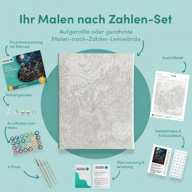 Malen nach Zahlen – Skelett zwischen wilden Blüten
